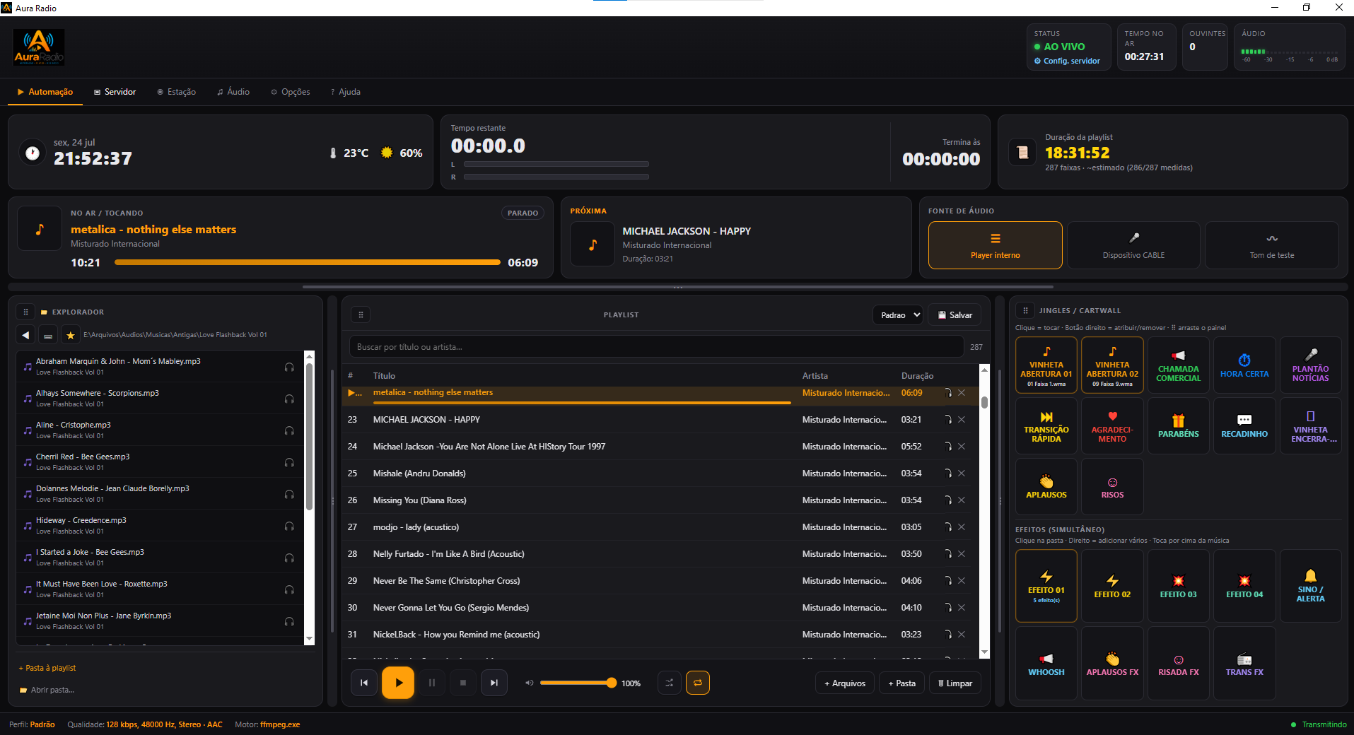 Tela do Aura Radio — Automação, playlist, jingles e encoder ao vivo