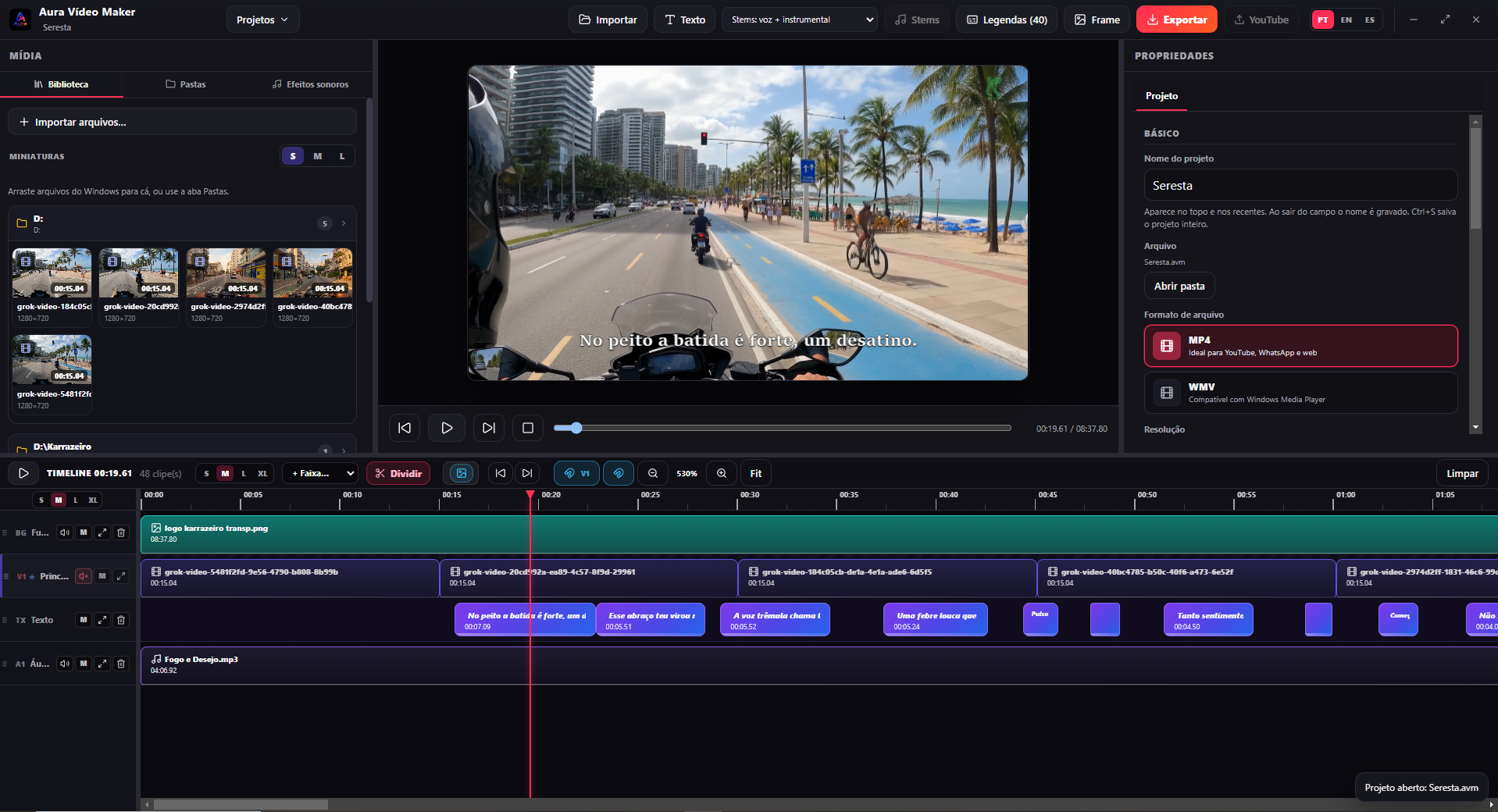 Tela real do Aura Vídeo Maker — biblioteca, preview, propriedades e timeline multi-faixa