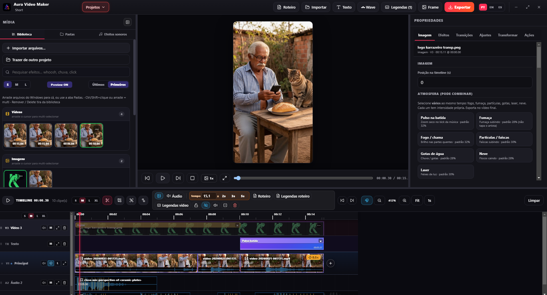 Timeline multi-faixa: vídeo, logo, áudio e efeitos